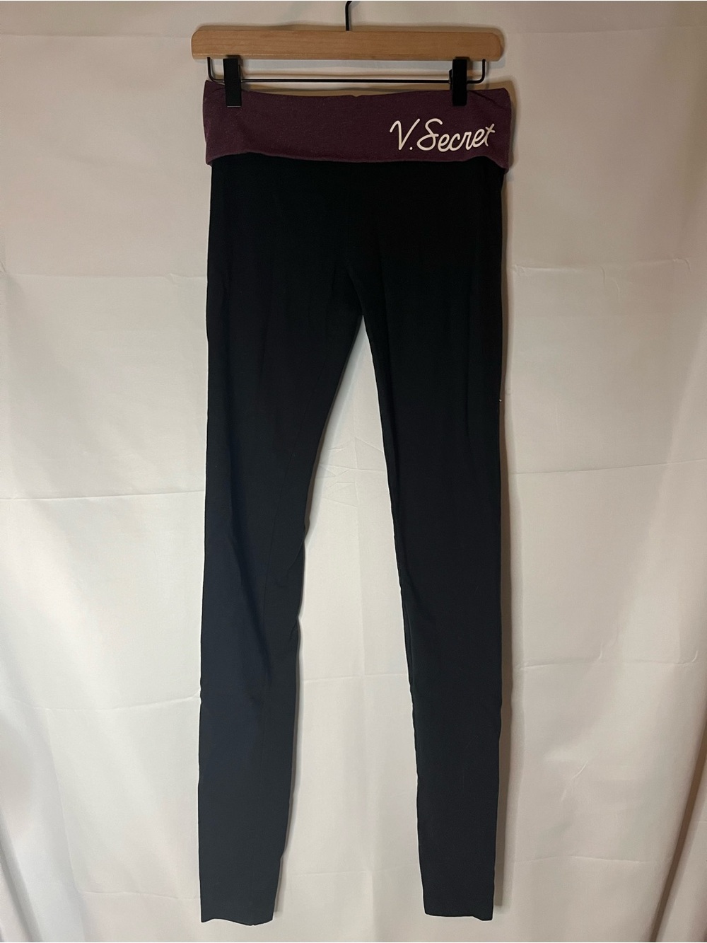 Victoria's Secret Black Leggings with Plum Fold-Over Waistband and V.Secret Logo